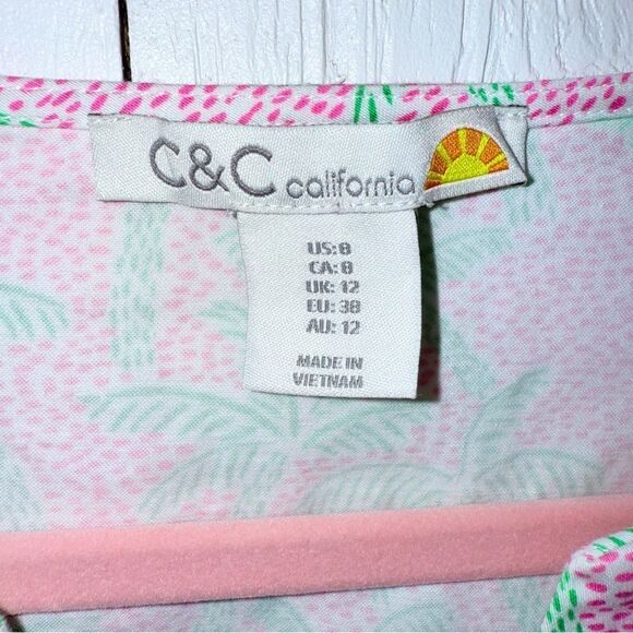 C&C California Pink Green Palm Tree Print Sleeveless Shift Dress V-Neck - Picture 8 of 10